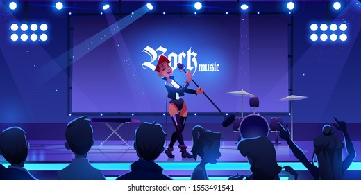 Singer on stage performing rock music concert. Woman singing song on scene with microphone, people fans watching show with live instruments, equipment and illumination. Cartoon vector illustration