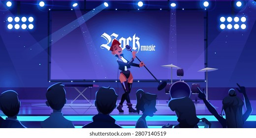 Singer on stage performing rock music concert. Woman singing song on scene with microphone, people fans watching show with live instruments, equipment and illumination. Cartoon vector illustration