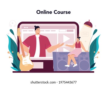 Singer online service or platform set. Performer singing with microphone on stage. Music show, live sound performance. Online course. Flat vector illustration