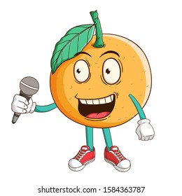 A singer of orange fruit cartoon character holding a microphone with funny smile face