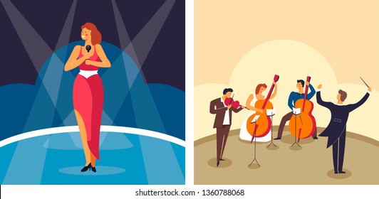 Singer and orchestra female artist on stage and musicians vector music performance pop and classic musical instruments and microphone woman in spotlights violin and cello conductor symphony and song