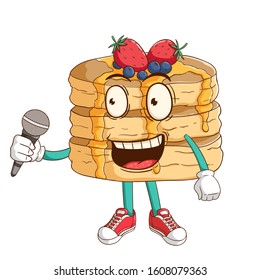 A singer of pancake cartoon character holding a microphone with funny smile face