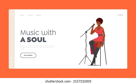 Singer Performance Landing Page Template. African Woman Sitting on Stage with Microphone Singing Song in Jazz Band. Vocalist Female Character Music Entertaining. Cartoon People Vector Illustration