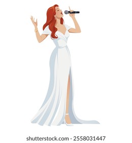 Singer performing in elegant white dress holding microphone. Vector illustration