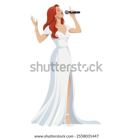 Singer performing in elegant white dress holding microphone. Vector illustration