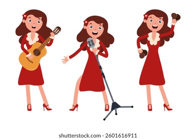 Singer performing with guitar and microphone at a lively music event during the evening