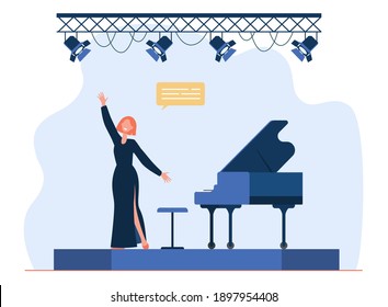 Singer performing on stage. Singing woman, vocalist, great piano. Flat vector illustration. Performance, entertainment, musical show concept for banner, website design or landing web page