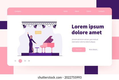 Singer performing on stage. Singing woman, vocalist, great piano. Flat vector illustration. Performance, entertainment, musical show concept for banner, website design or landing web page
