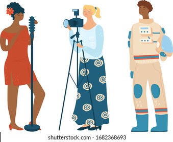 Singer, photographer, cosmonaut, concept different profession vector illustration, isolated on white background. Characters male and female different occupation icon. Cartoon style.