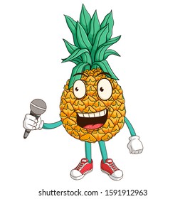 A singer of pineapple cartoon character holding a microphone with funny smile face