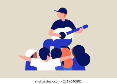 Un cantante tocando una guitarra acústica. Las Personas están sentadas y escuchando música. Ilustración vectorial.