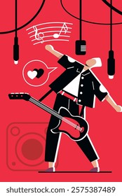 Singer Playing guitar on stage world music day illustration