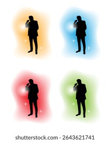 Cantor ou orador público com silhueta de microfone em fundo colorido. Pessoas e atividades conceito vetorial art