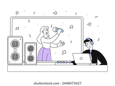 Singer at recording studio linear. Woman with microphone sing. Artist performing at musical studio. Vocalist and pop musician. Doodle flat vector illustration isolated on white background