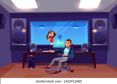 Singer In Recording Studio. Singing Woman In Artist Booth With Equipment And Window, Sound Engineer In Control Room With Tools For Capturing, Mixing And Mastering Music. Cartoon Vector Illustration