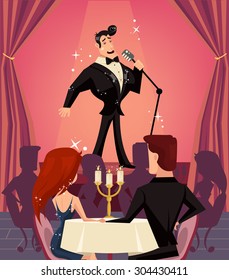 Singer in restaurant. Vector flat cartoon illustration