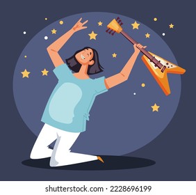 Singer rock star man character sing song and play guitar concept. Vector graphic design illustration element