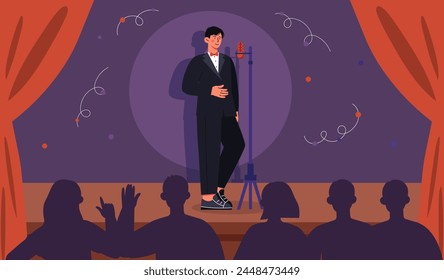 Singer at scene. Man in black suit with microphone. Young guy performing at scene or stage. Musician concert. Classical music and juzz. Entertainment event. Cartoon flat vector illustration