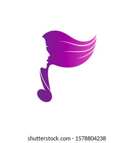Singer silhouette with music note logo design, female/lady singer flat style logo template, choir vector illustration, modern musical design