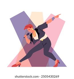 Singer singing into microphone at concert or festival. Female young song performer holding mic on stage in spotlights, live rock show of professional rockstar with red hair cartoon vector illustration