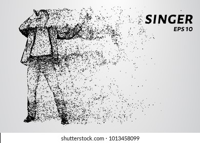 The singer sings into the microphone. The singer is made up of particles