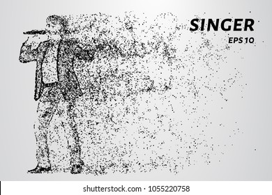 The singer sings into the microphone. The singer is made up of particles.