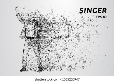 The singer sings into the microphone. The singer is made up of particles.