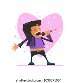 The singer sings with a microphone in his hand. Vector illustration on a white background. The man with the microphone in hand