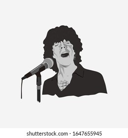 The singer sings a song at the microphone on a light background. Vector illustration.