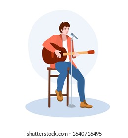 A Singer Sitting On A High Chair With A Guitar vector illustration from hobbies collection. Flat cartoon illustration isolated on white