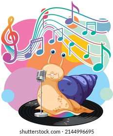 Singer snail with music melody symbols cartoon illustration