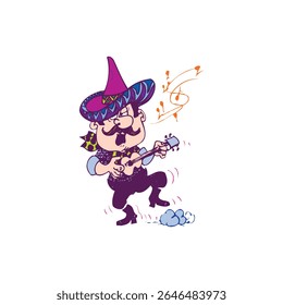 Cantor compositor na natureza - Pessoa masculina com guitarra sentada no topo da colina ao ar livre tocando sozinho. Ilustração vetorial