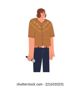 Singer standing with microphone in hand. Man vocalist in indie style. Vocal artist, performer with mic. Male character holding mike. Flat vector illustration isolated on white background