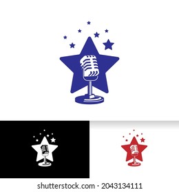 Singer star logo template. Microphone silhouette inside star. Icon for leading, song contest, event, karaoke, podcast.