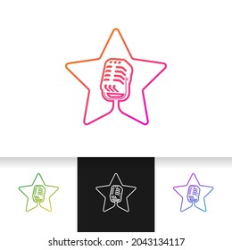 Singer star logo template. Microphone silhouette inside star. Icon for leading, song contest, event, karaoke, podcast.