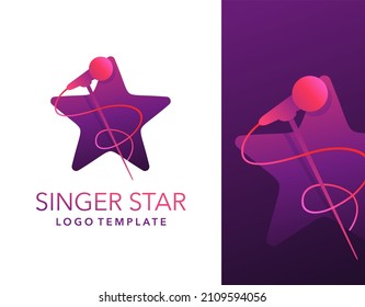 Singer star logo template in purple and violet colors - microphone silhouette inside star shape - emblem for for leading, song contest, event, karaoke party