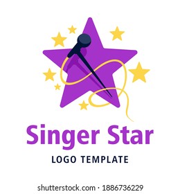 Plantilla de logo de estrella de cantante morado y amarillo - silueta de micrófono dentro de la forma estrella - emblema para liderar, concurso de canciones, evento, fiesta de karaoke