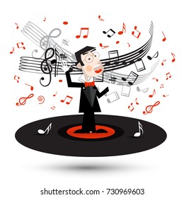 Singer in Suit Spinning on Vinyl Record with Notes Isolated on White Background