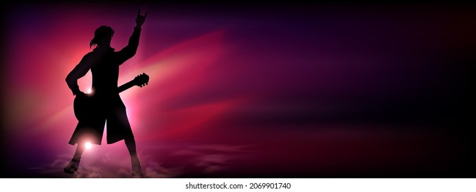 Singer under the glowing multicolor Bright Lights. Vector Illustration. Silhouette of a male singing with guitar in front of red spotlights in the background. Ideal for Live rock music concept