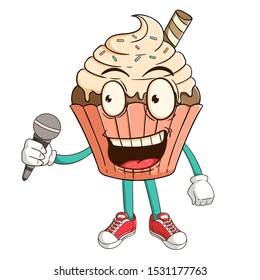 A singer of vanilla cupcake cartoon character holding a microphone with funny smile face