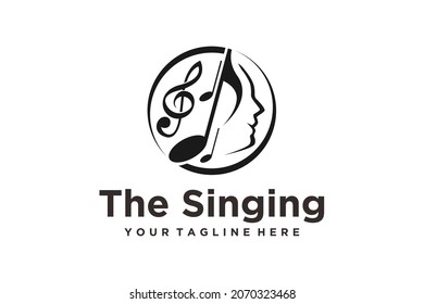 Singer Vocal Karaoke  Choir with Music Notes Treble Clef  Singing Woman Face Silhouette logo design