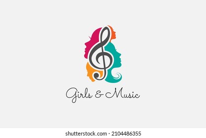 Singer Vocal Karaoke , Choir with Music Notes Treble Clef - Singing Woman Face Silhouette logo design