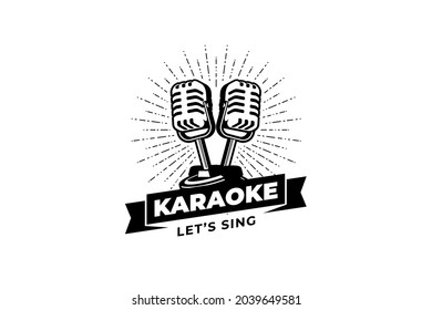 Singer vocal karaoke or podcast station logo with retro microphone. Design element for logo, label, emblem, sign.