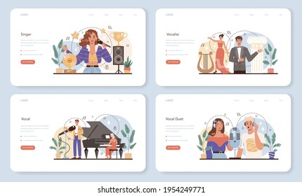 Singer web banner or landing page set. Performer singing with microphone