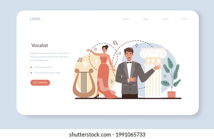 Singer web banner or landing page. Opera performer singing on stage. Vocal music show, live sound performance. Vector illustration in flat style