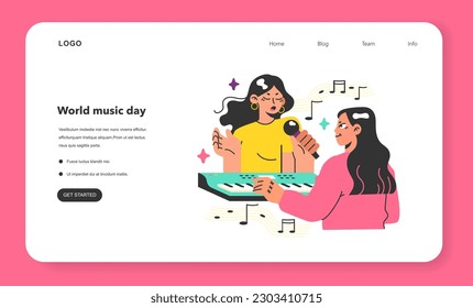 Singer web banner or landing page. Young female character singing song with professional studio microphone. Voice record of modern vocalist. Pop musician live performing. Flat vector illustration