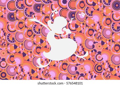 Singer with white shape is singing and dancing on colorful background.