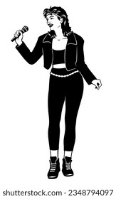 Singer Woman 80s. Black and white ink style vector clipart.