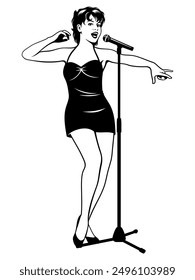 Singer woman. Microphone with stand is the separate object. Black and white vector clipart isolated on white.