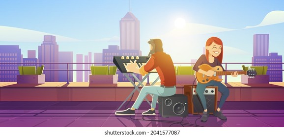 Singer woman playing guitar on building roof perform live music. Girl artist singing song, man playing synthesizer accompany musical composition, rooftop performance, Cartoon vector illustration